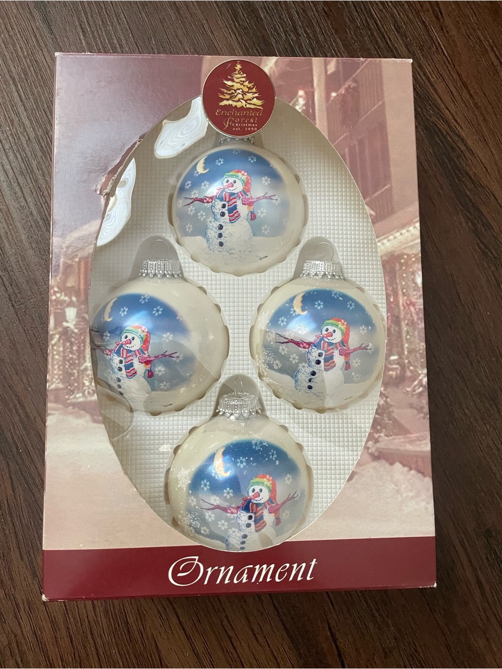 Vintage Enchanted Forest Glass Snowman Christmas Round Ornaments Set Of 4 USA